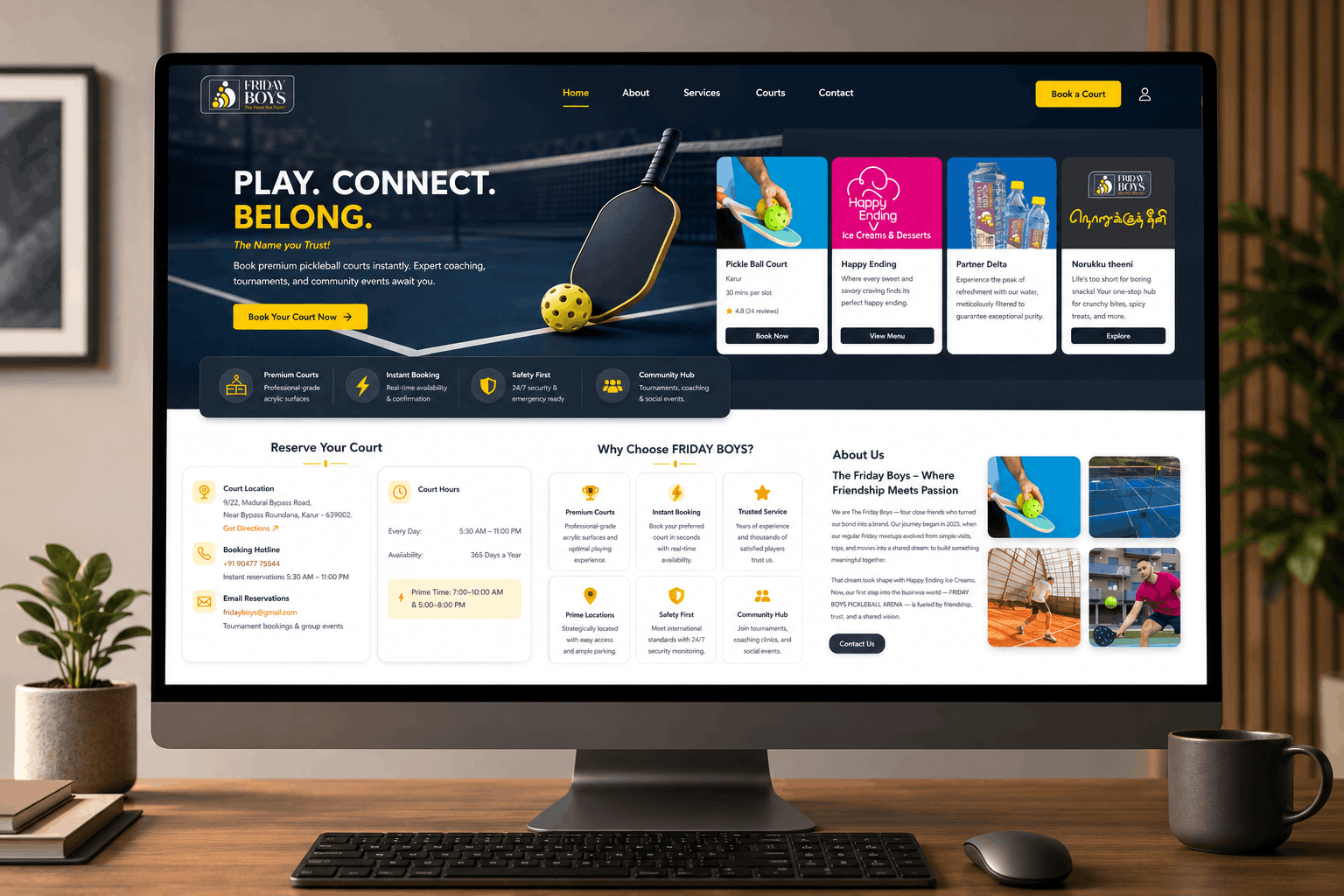 Friday Boys home page- turf court showcase, facilities highlight, pricing overview and primary booking CTA